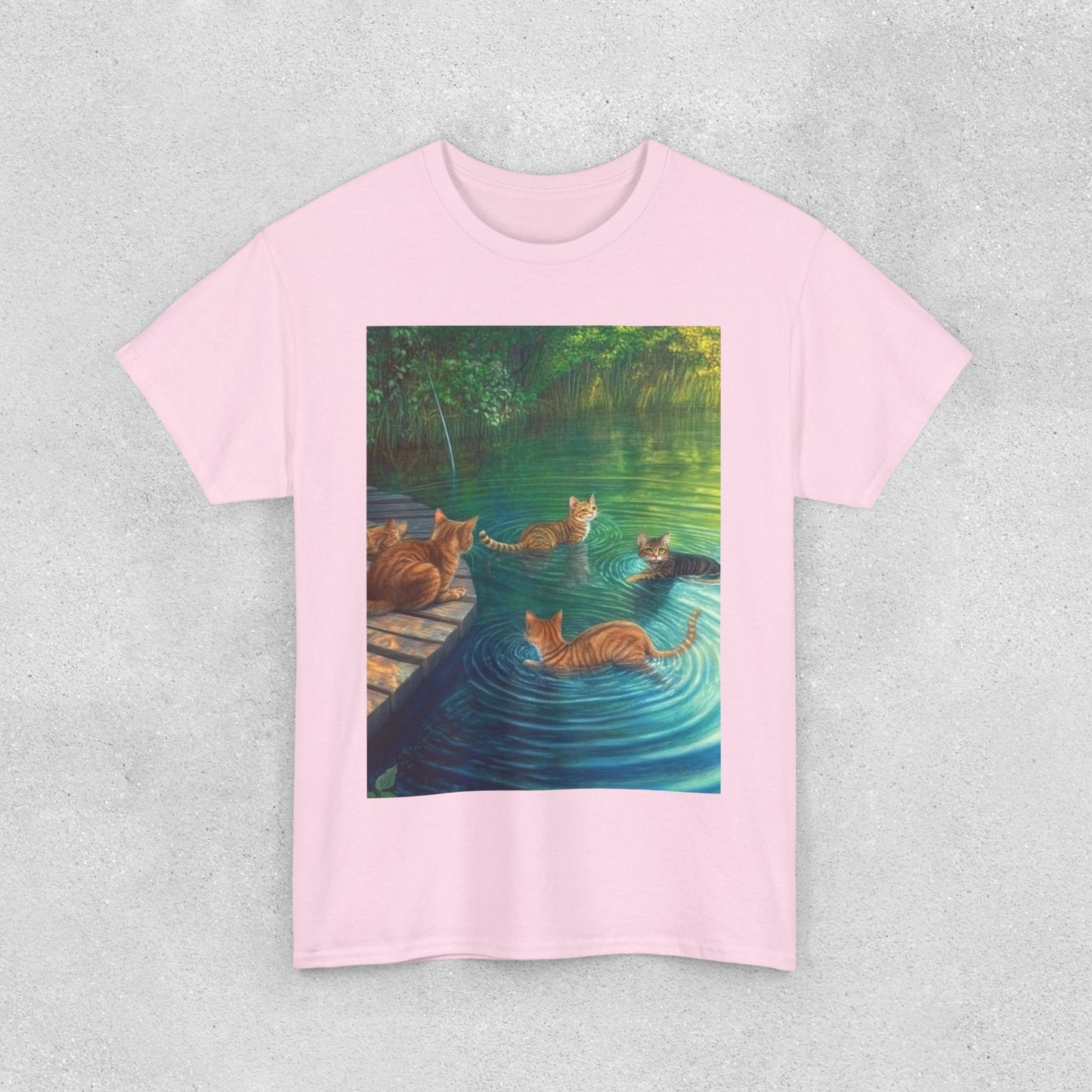 Cats at the River Unisex Heavy Cotton Tee - Relaxed Fit Graphic T-Shirt for Cat Lovers