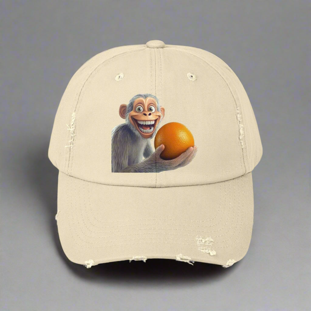 Monkey Holding Orange Unisex Distressed Cap