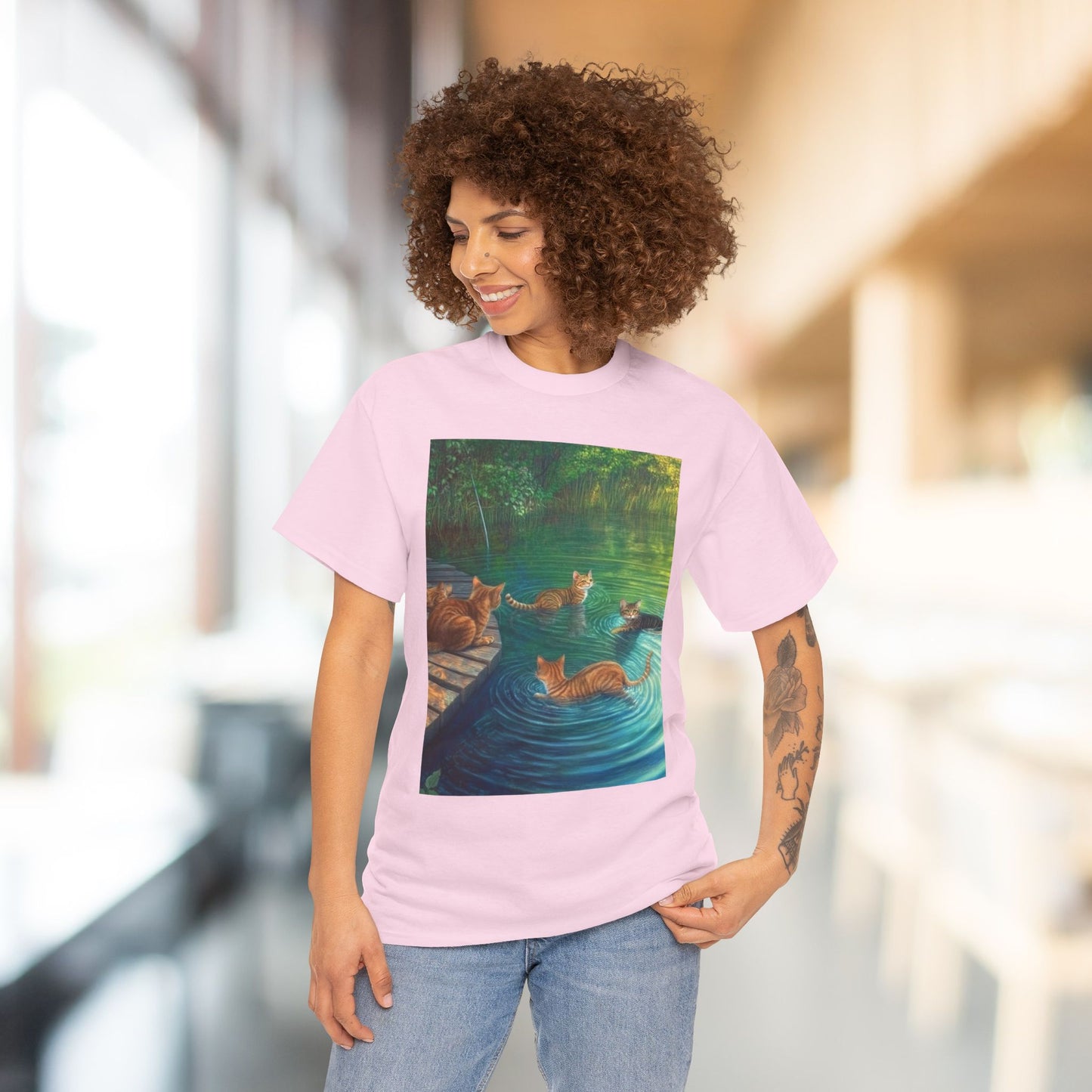 Cats at the River Unisex Heavy Cotton Tee - Relaxed Fit Graphic T-Shirt for Cat Lovers
