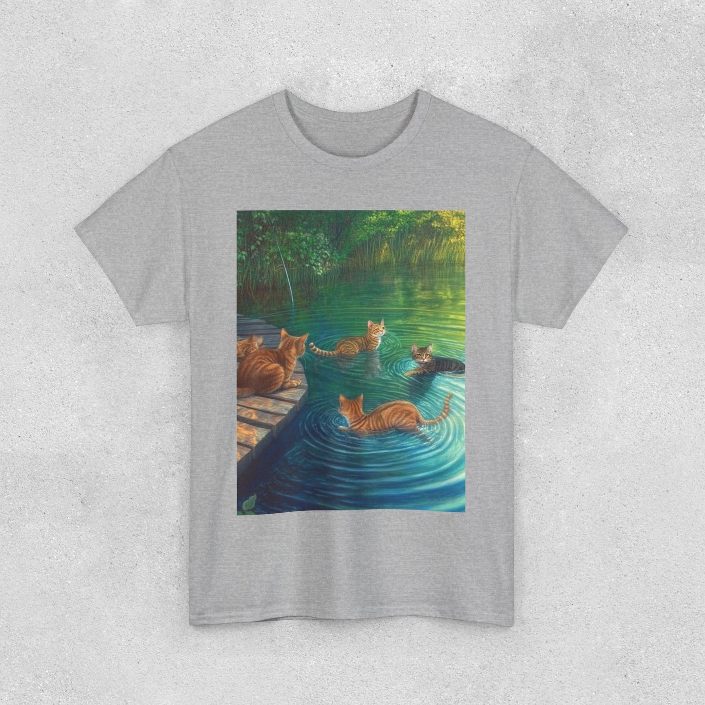 Cats at the River Unisex Heavy Cotton Tee - Relaxed Fit Graphic T-Shirt for Cat Lovers