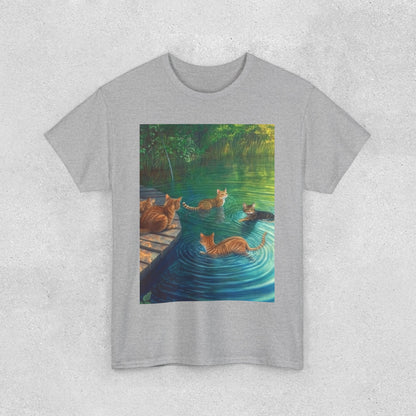 Cats at the River Unisex Heavy Cotton Tee - Relaxed Fit Graphic T-Shirt for Cat Lovers