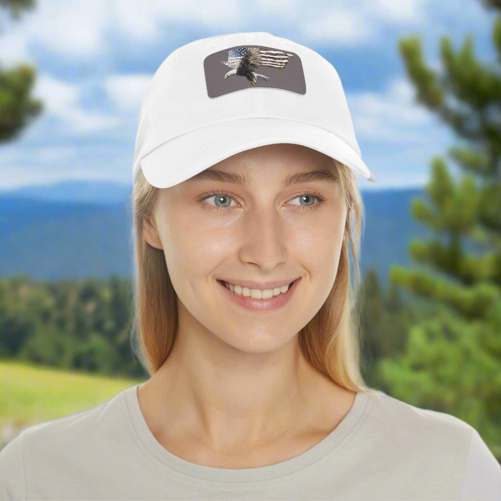 Patriotic Dad Hat with Leather Eagle Patch - American Flag Cap