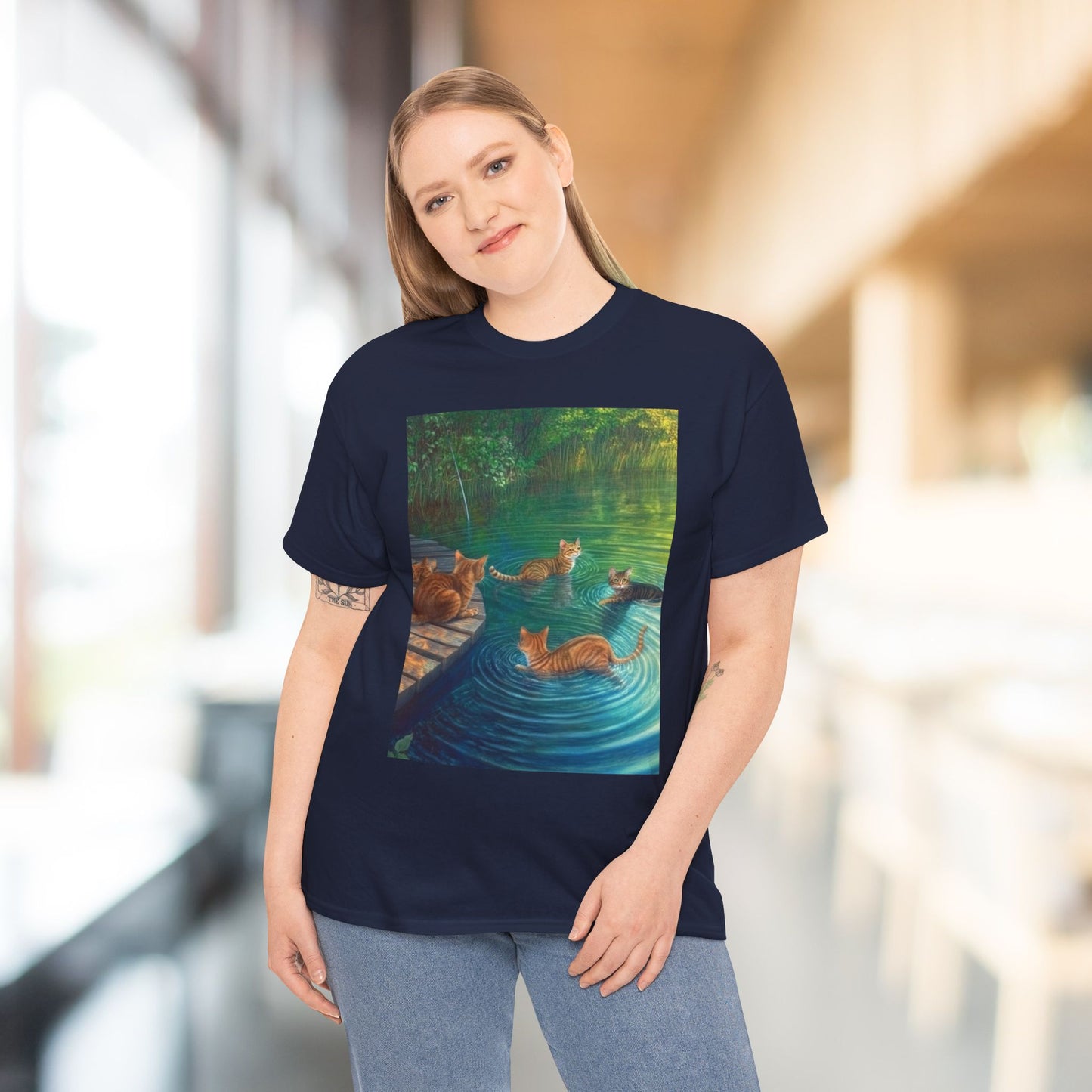 Cats at the River Unisex Heavy Cotton Tee - Relaxed Fit Graphic T-Shirt for Cat Lovers