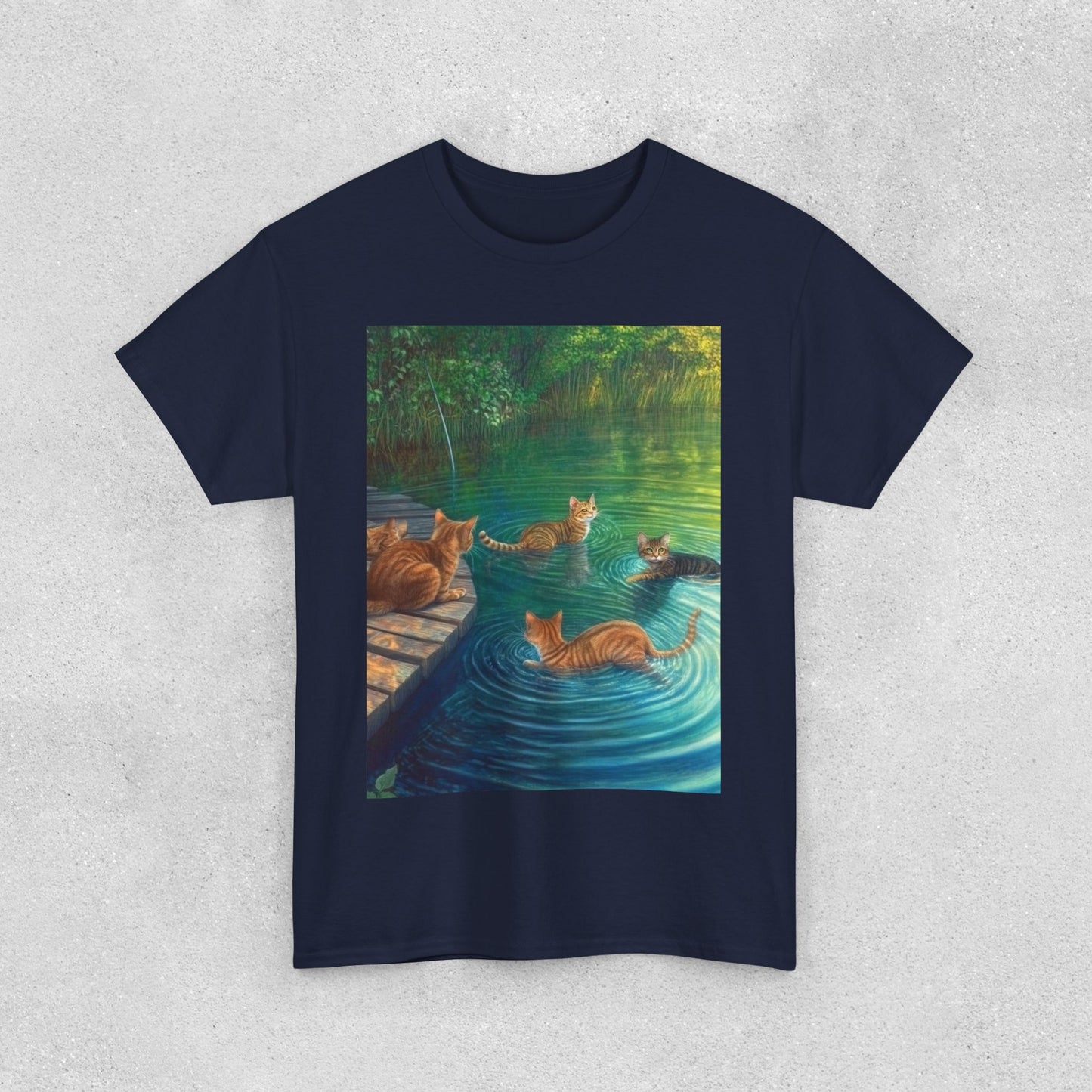 Cats at the River Unisex Heavy Cotton Tee - Relaxed Fit Graphic T-Shirt for Cat Lovers