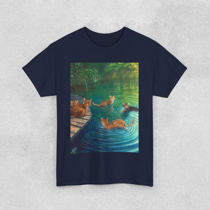 Cats at the River Unisex Heavy Cotton Tee - Relaxed Fit Graphic T-Shirt for Cat Lovers