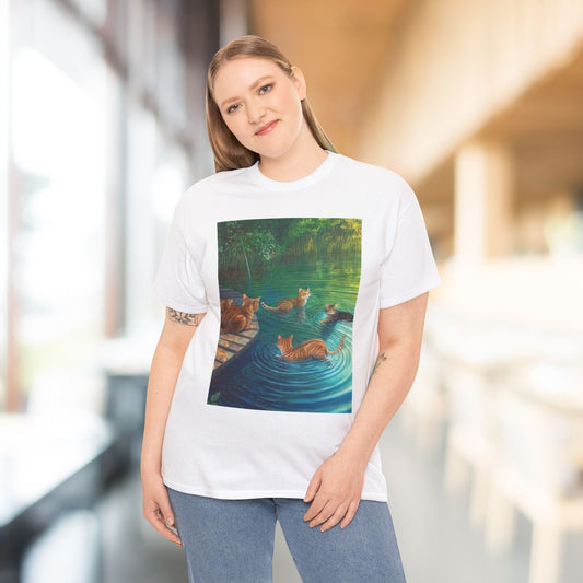 Cats at the River Unisex Heavy Cotton Tee - Relaxed Fit Graphic T-Shirt for Cat Lovers