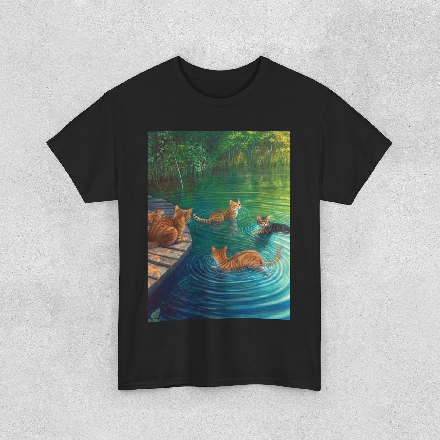 Cats at the River Unisex Heavy Cotton Tee - Relaxed Fit Graphic T-Shirt for Cat Lovers