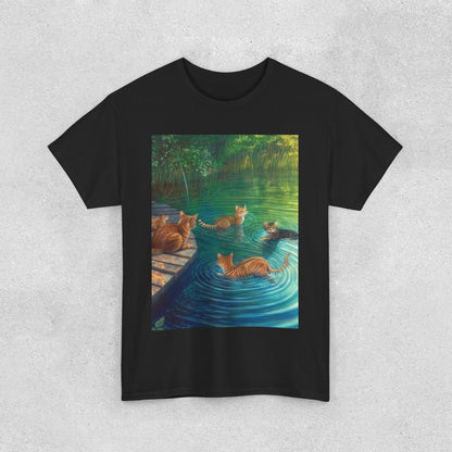 Cats at the River Unisex Heavy Cotton Tee - Relaxed Fit Graphic T-Shirt for Cat Lovers
