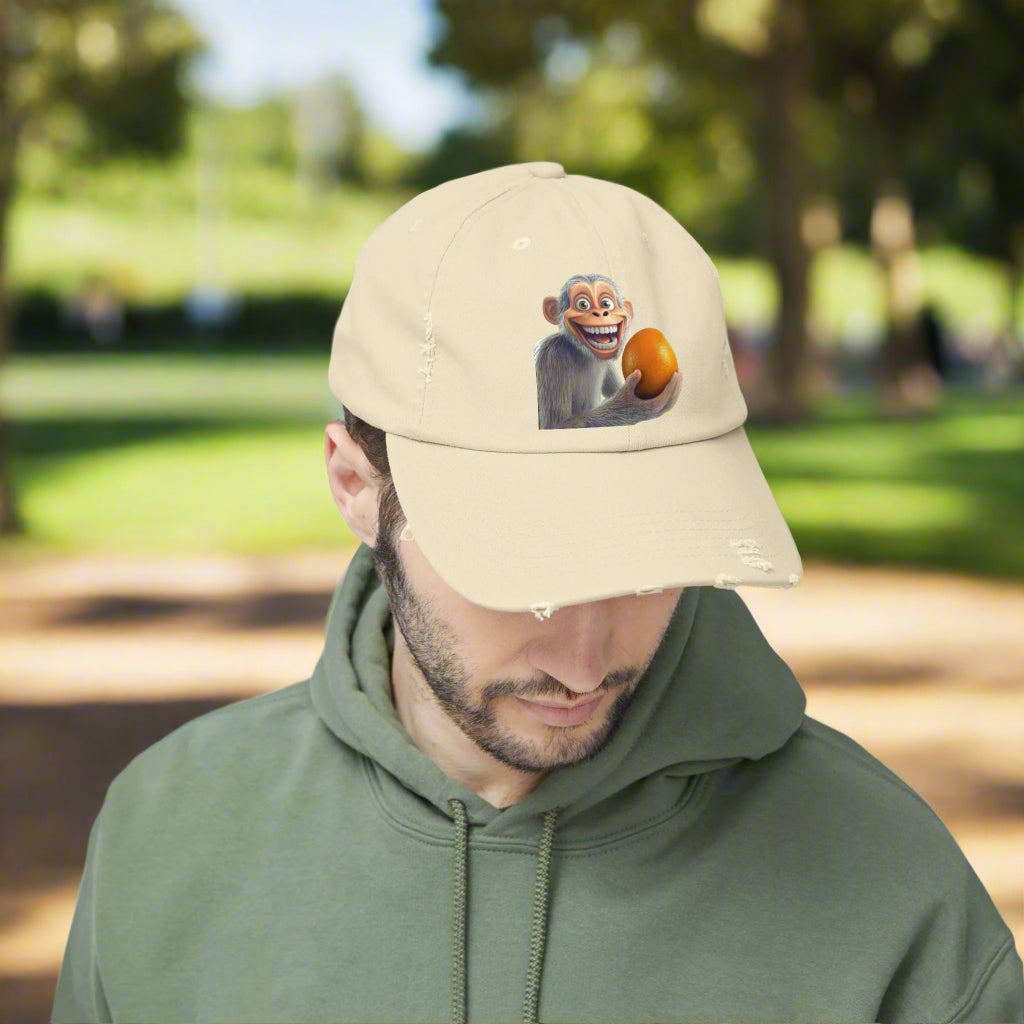 Monkey Holding Orange Unisex Distressed Cap