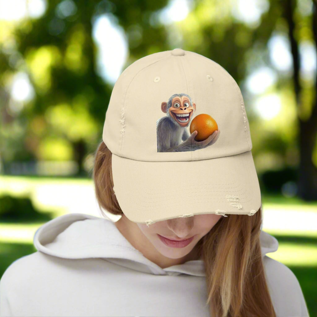 Monkey Holding Orange Unisex Distressed Cap