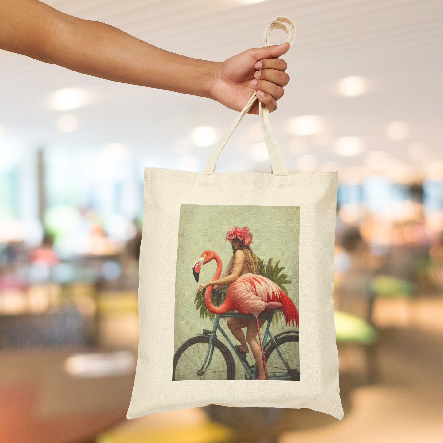 Mysterious Girl and Pet Flamingo Tote Bag