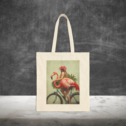 Mysterious Girl and Pet Flamingo Tote Bag