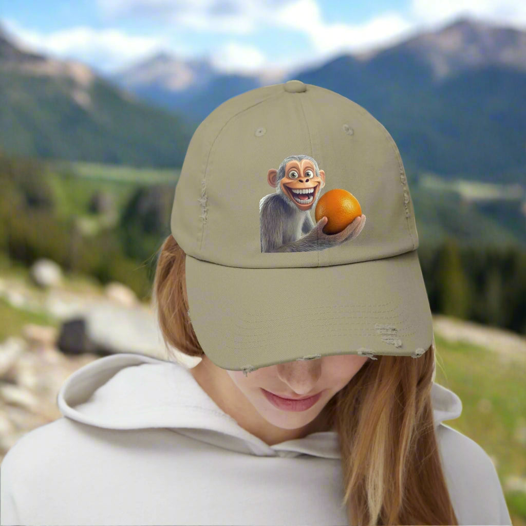Monkey Holding Orange Unisex Distressed Cap