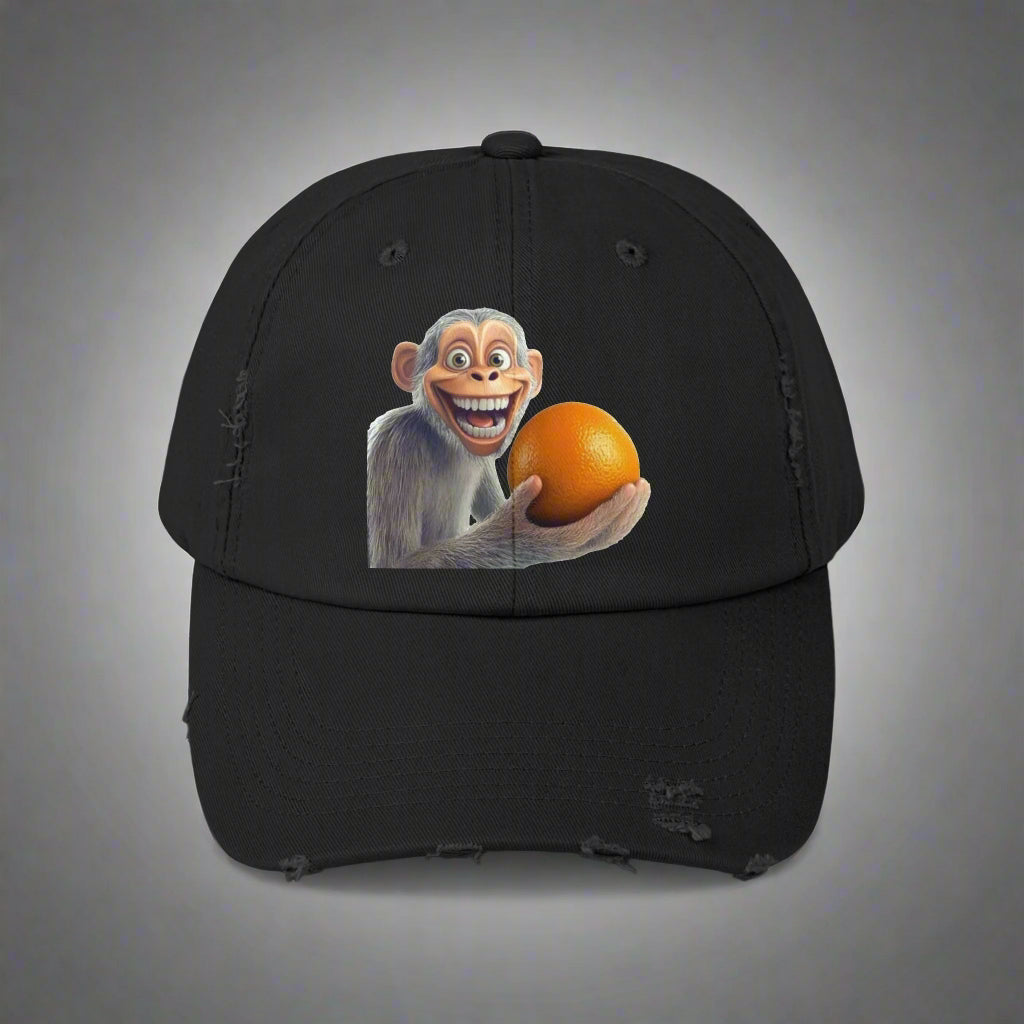 Monkey Holding Orange Unisex Distressed Cap