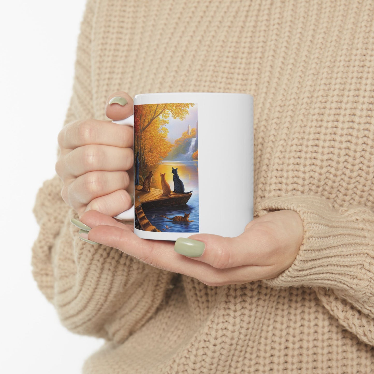 Cats at the Pond Scene Ceramic Mug - 11oz & 15oz