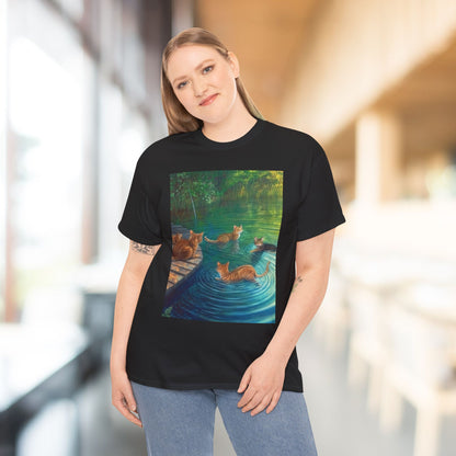 Cats at the River Unisex Heavy Cotton Tee - Relaxed Fit Graphic T-Shirt for Cat Lovers