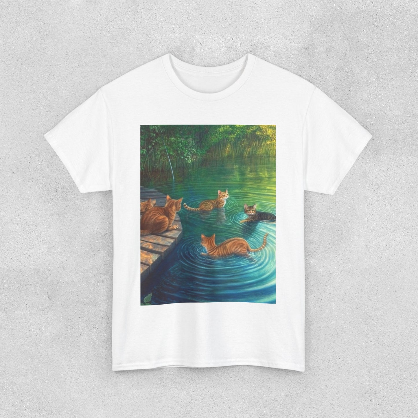Cats at the River Unisex Heavy Cotton Tee - Relaxed Fit Graphic T-Shirt for Cat Lovers